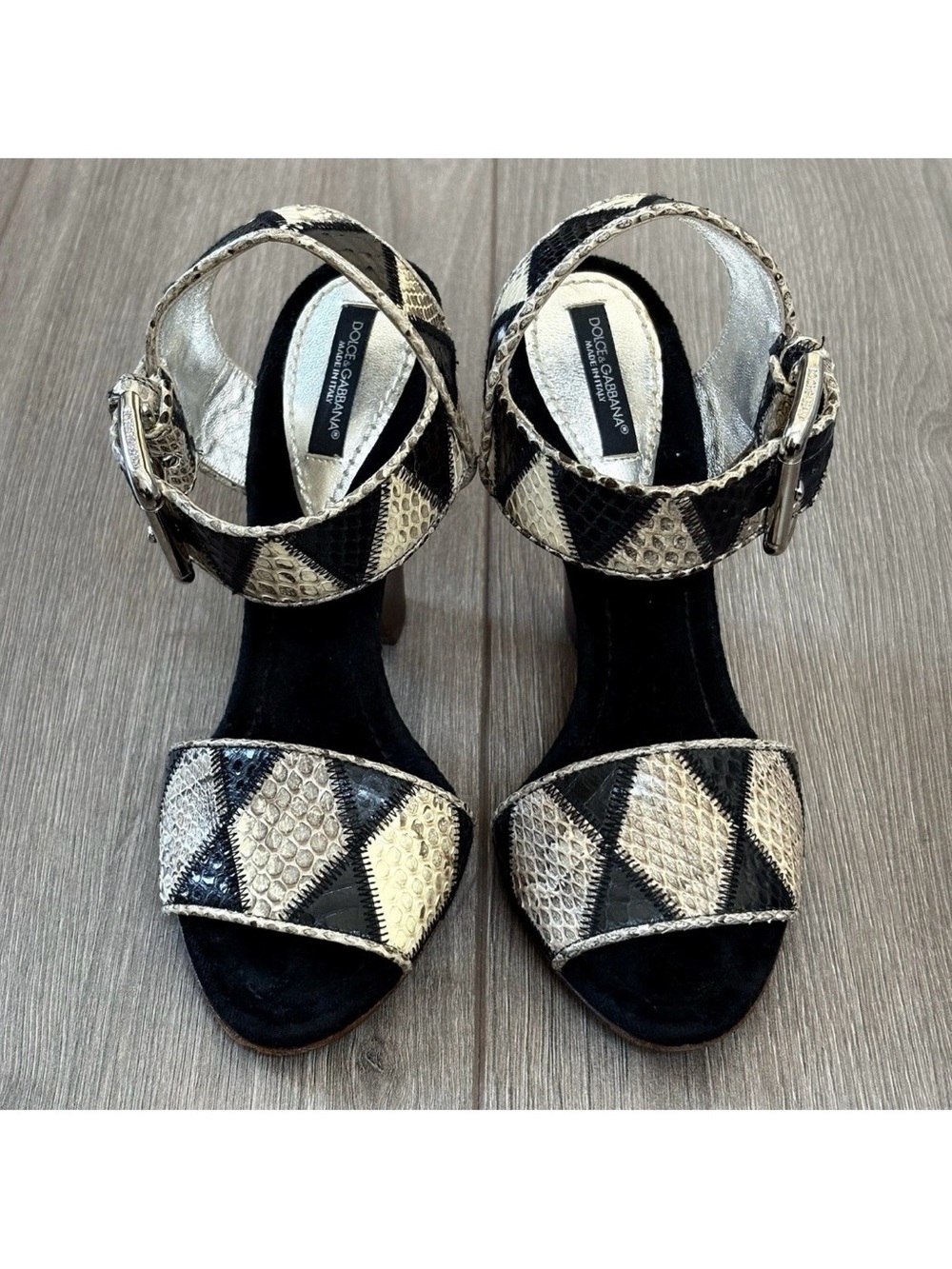Dolce & Gabbana Snakeskin Sandals 5.5 / 35.5 ITALY Wood Heels Ankle Straps